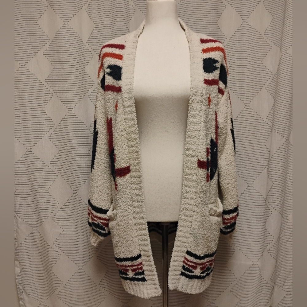 Blue Rain Cozy Cream Blue Open-Front Cardigan Sweater Aztec Women's Size Medium